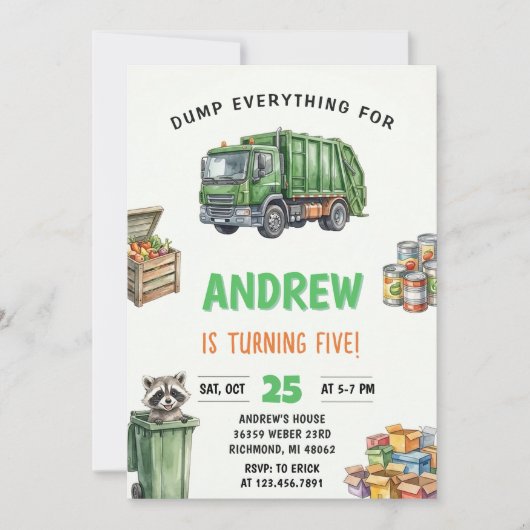 Pesonal Kids Garbage Truck Birthday Bash 招待状 (正面)