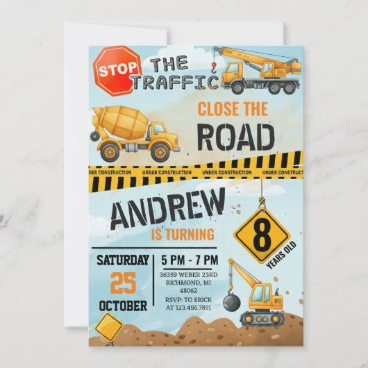 Pesonal Modern Construction Birthday Extravaganza 招待状 (正面)