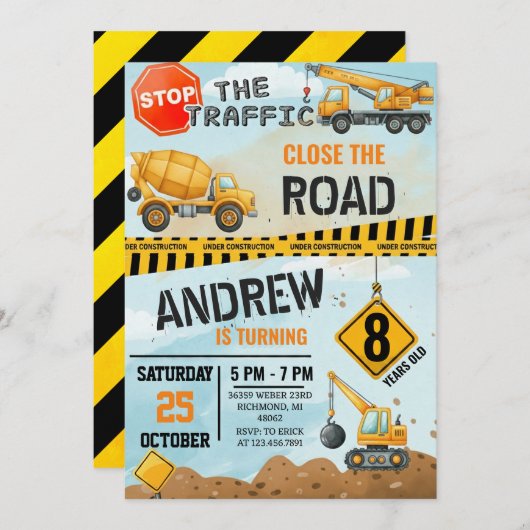 Pesonal Modern Construction Birthday Extravaganza 招待状 (正面/裏面)