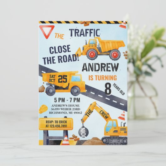 Pesonal Modern Construction Birthday With Photo 招待状 (スタンド正面)