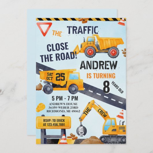 Pesonal Modern Construction Birthday With Photo 招待状 (正面/裏面)