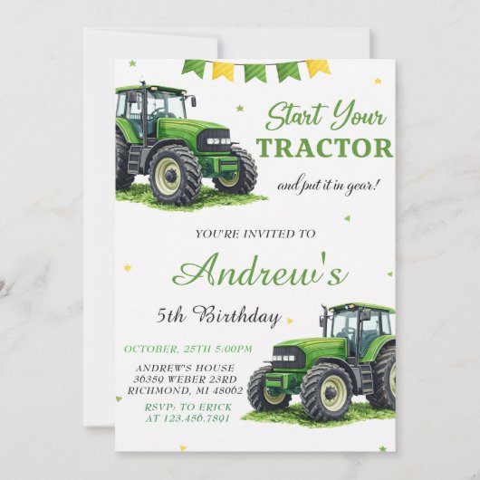 Pesonal Modern Green Tractor Birthday 招待状 (正面)