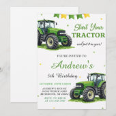 Pesonal Modern Green Tractor Birthday 招待状 (正面/裏面)