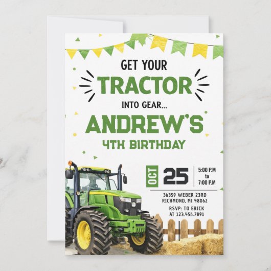 Pesonal Modern Tractor Birthday party 招待状 (正面)