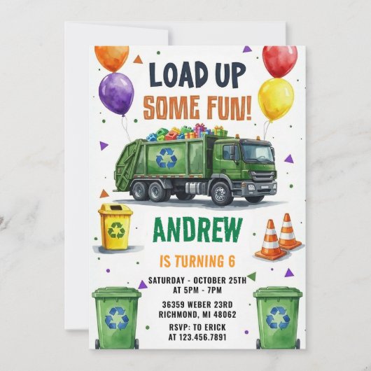 Pesonal Trash Truck Recycling Birthday Bash 招待状 (正面)