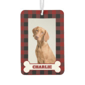 Pet Dog Photo & Name on Red & Black Buffalo Plaid カーエアーフレッシュナー (裏面)