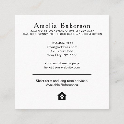 Pet & House Sitter Professional Photo Custom スクエア名刺 (裏面)