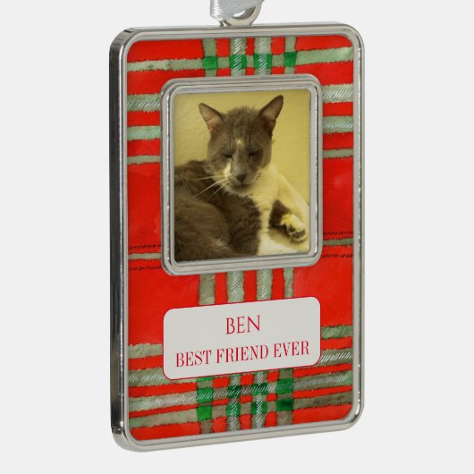 PET LOVEフレームされたバーオーナメント+文字RedScottPlaid シルバープレートフレームオーナメント (右)