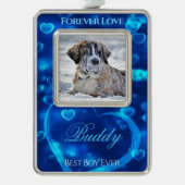 Pet Love Photo Keepsake, Blue 白熱［赤熱］光を放つハート- シルバープレートフレームオーナメント (正面)