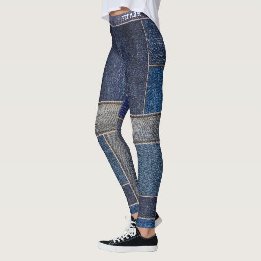 Pet Lover Cat Mom Faux Denim Patchwork Blue Jeans レギンス (左)