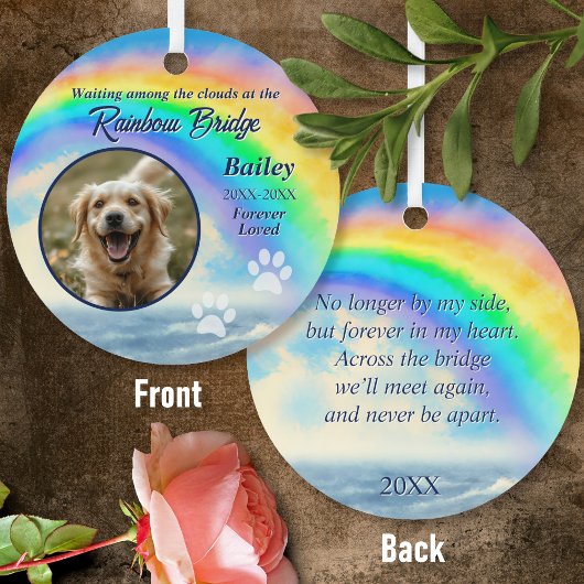 Pet Memorial Rainbow Bridge Photo & Paw Print メタルオーナメント