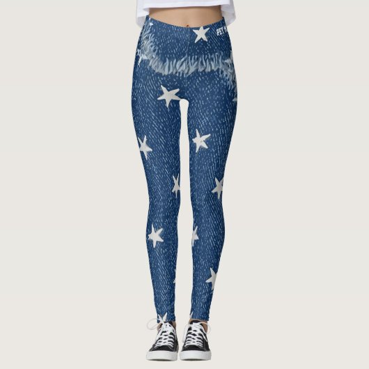 Pet Mom Faux Denim Patchy Jagged Stars Blue Jeans レギンス (正面)
