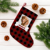 Pet Photo and Dog Bone with Name on Buffalo Plaid スモールクリスマスストッキング