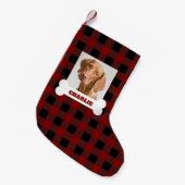 Pet Photo and Dog Bone with Name on Buffalo Plaid スモールクリスマスストッキング (正面 (吊り時))