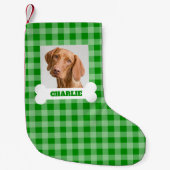 Pet Photo and Dog Bone with Name on Green Plaid スモールクリスマスストッキング (正面)