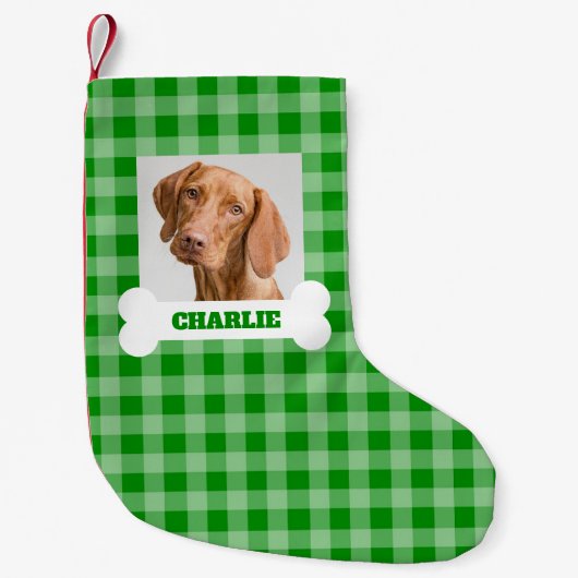 Pet Photo and Dog Bone with Name on Green Plaid スモールクリスマスストッキング (正面)