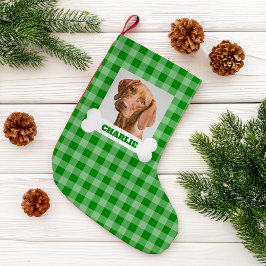 Pet Photo and Dog Bone with Name on Green Plaid スモールクリスマスストッキング