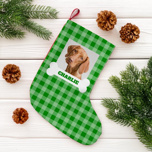 Pet Photo and Dog Bone with Name on Green Plaid スモールクリスマスストッキング