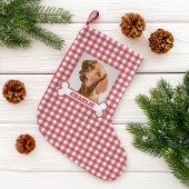 Pet Photo & Dog Bone with Name on Red White Plaid スモールクリスマスストッキング