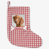 Pet Photo & Dog Bone with Name on Red White Plaid スモールクリスマスストッキング (正面)