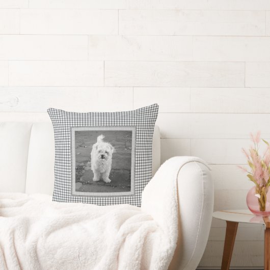 Pet PHOTO Gingham NAME Dog Decor Black White クッション (ソファ)