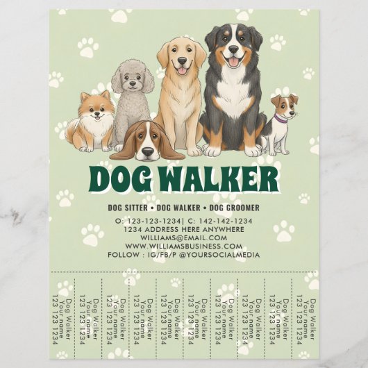 Pet Sitting Dog Walker Custom Promotional Green チラシ (正面)
