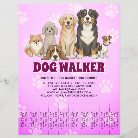 Pet Sitting Dog Walker Promotional Vibrant Pink チラシ (正面)