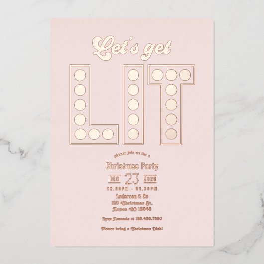 Petal Glow Let's Get Lit Retro Christmas Party 箔招待状 (正面)