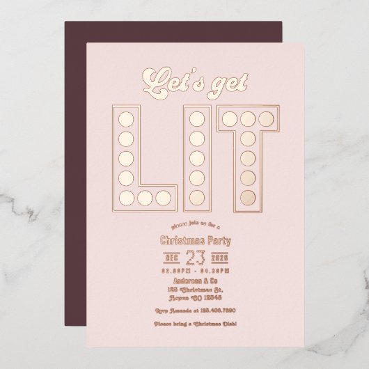 Petal Glow Let's Get Lit Retro Christmas Party 箔招待状 (正面/裏面)