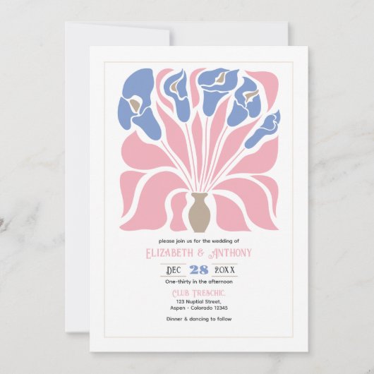 Petal Pink/Cornflower Abstract Floral Boho Wedding 招待状 (正面)