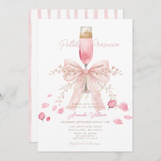 Petals and Prosecco Blush Bow Petals Bridal Shower 招待状 (正面/裏面)