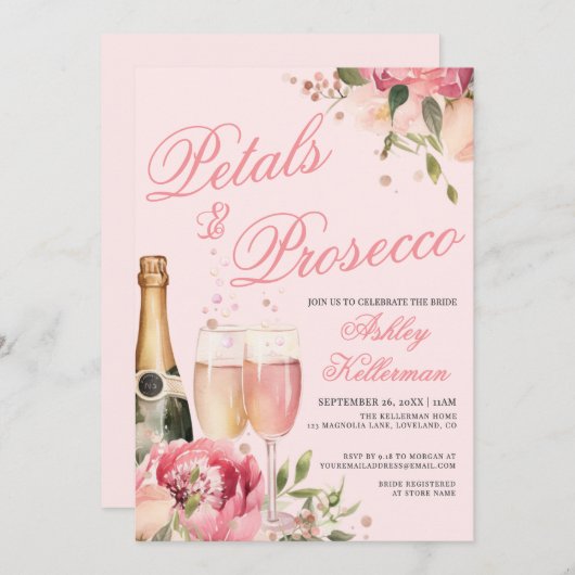Petals And Prosecco Bridal Shower 招待状 (正面/裏面)