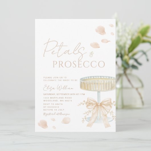 Petals and Prosecco Ivory Bow Bridal Shower  招待状 (スタンド正面)