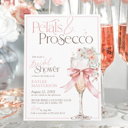 Petals and Prosecco Pink Floral Bridal Shower 招待状