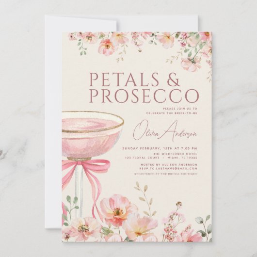 Petals & Prosecco Blush Pink Bow Bridal Shower 招待状 (正面)