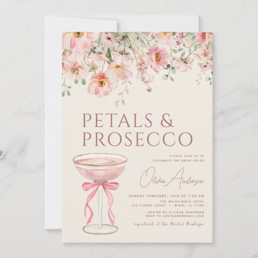 Petals & Prosecco Blush Pink Bridal Shower  招待状 (正面)