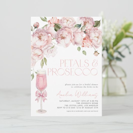 Petals & Prosecco Pink Bow Floral Bridal Shower 招待状 (スタンド正面)