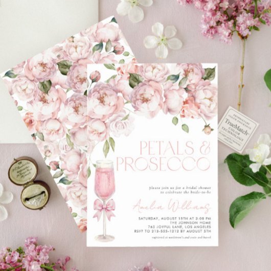 Petals & Prosecco Pink Bow Floral Bridal Shower 招待状