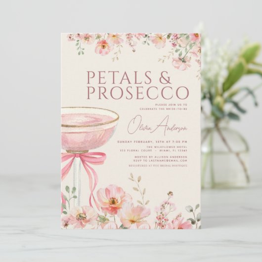 Petals & Prosecco Pink Coquette Bow Bridal Shower 招待状 (スタンド正面)