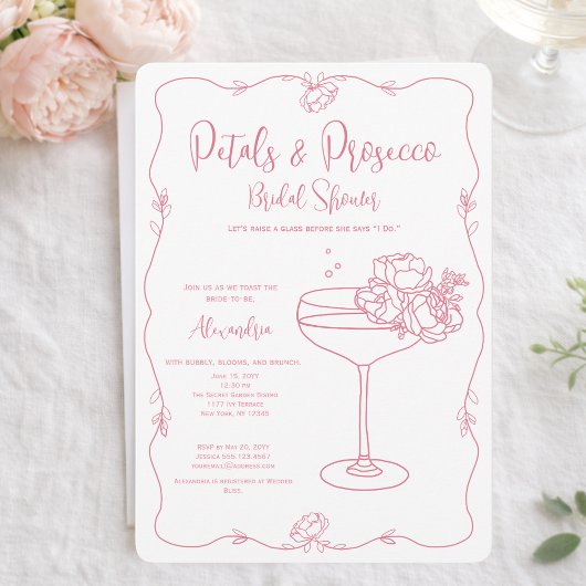 Petals Prosecco Pink Hand Drawn Bridal Shower 招待状