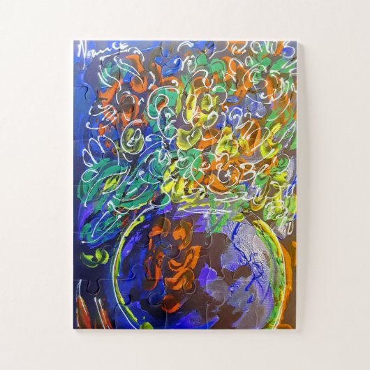 Peter Maxカラフル水色花付き花瓶 ジグソーパズル (縦)