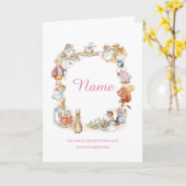 Peter Rabbitと友人の《キリスト教》洗礼式や命名式カード – ピンク カード (黄色い花)