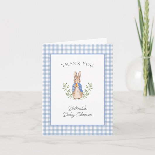 Peter Rabbit Blue Gingham Baby Shower サンキューカード (正面)