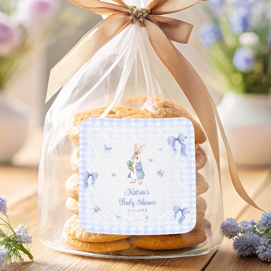 Peter Rabbit Blue Gingham Baby Shower Thank You スクエアシール