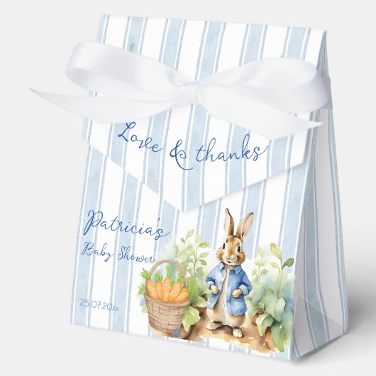 Peter rabbit dusty blue baby shower monogrammed フェイバーボックス (正面)