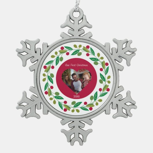 Peter Snowflake – 私たちの初めてのクリスマス – 写真/日付 スノーフレークピューターオーナメント (正面)
