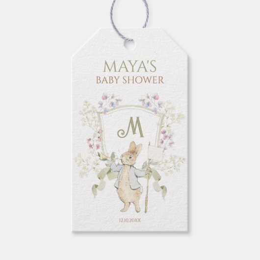 Peter the Rabbitモノグラムクレストジェンダー赤ちゃんシャワー ギフトタグ (正面)