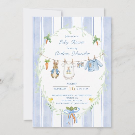 Peter the Rabbit Clothesline Baby Shower 招待状 (正面)