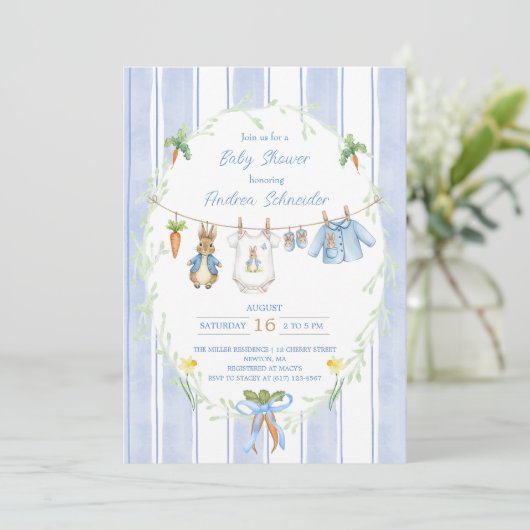 Peter the Rabbit Clothesline Baby Shower 招待状 (スタンド正面)
