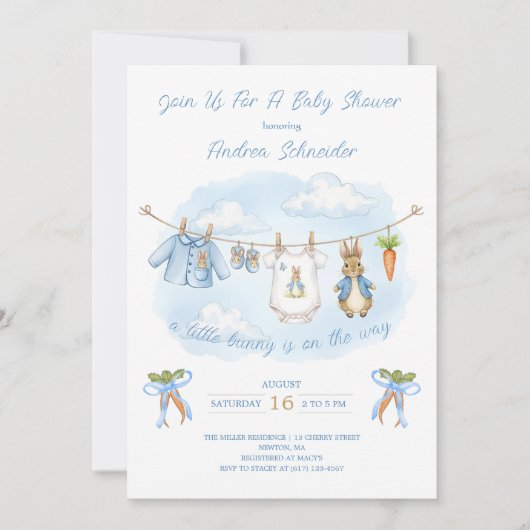 Peter the Rabbit Cute Clothesline Baby Shower  招待状 (正面)